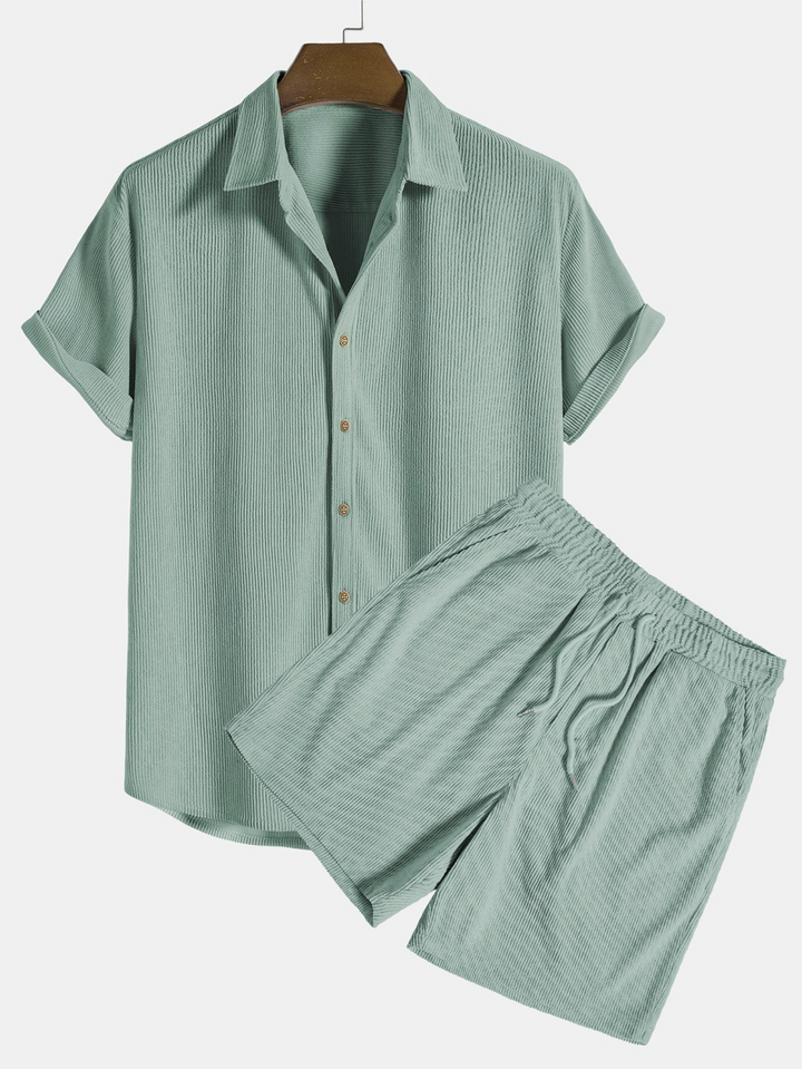 Lightweight men's summer set with a short sleeve shirt and relaxed corduroy shorts for leisure wear
