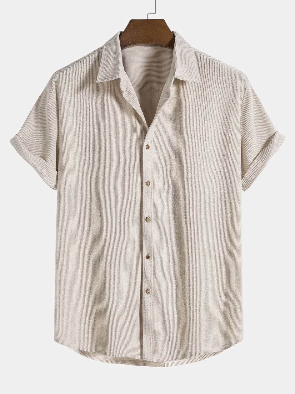 Full shot of a men's summer casual shirt and corduroy shorts ensemble, ideal for warm weather fashion