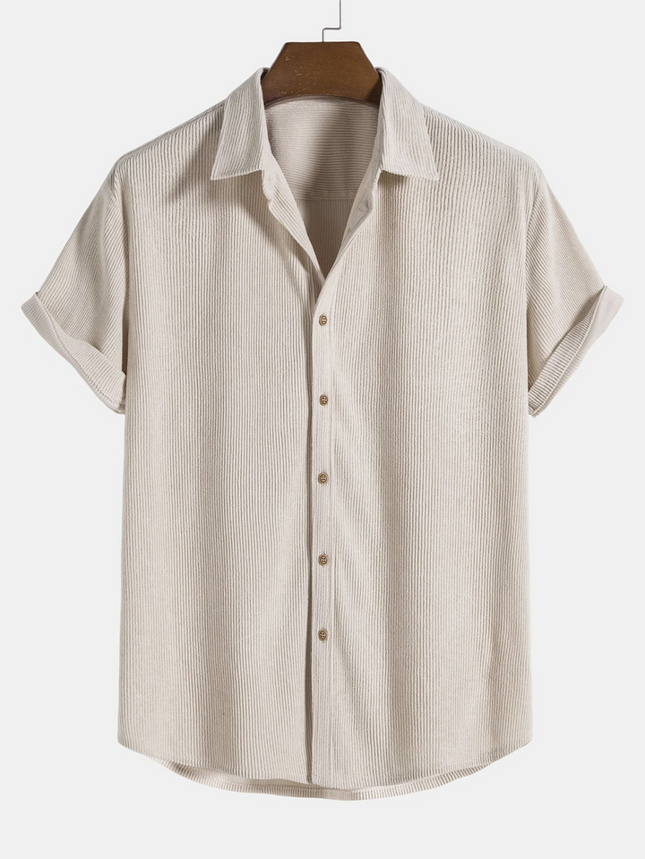 Full shot of a men's summer casual shirt and corduroy shorts ensemble, ideal for warm weather fashion