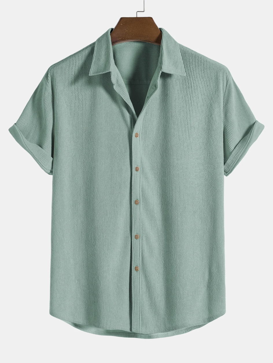 Detail of the men's casual short sleeve shirt from a summer two-piece outfit with corduroy shorts
