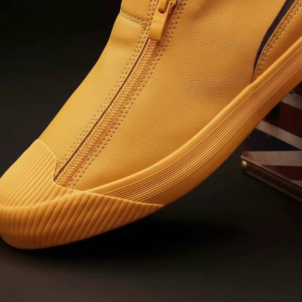 Close-up of men's slip-on loafer, Russell, showing unique zipper detail and soft microfiber material