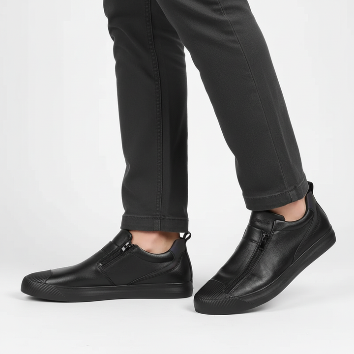 Comfortable black Russell loafers for men, slip-on style with convenient zipper entry, casual footwear