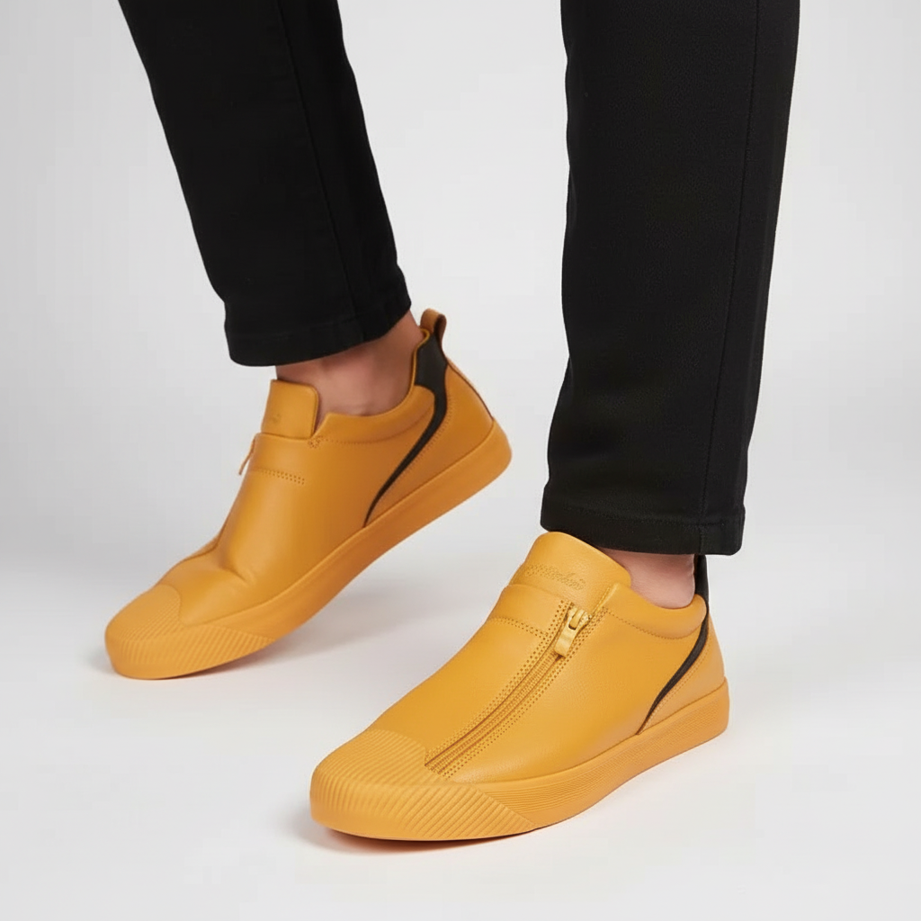 Side view of Russell men's loafer, microfiber upper, secure zipper, and flexible rubber sole