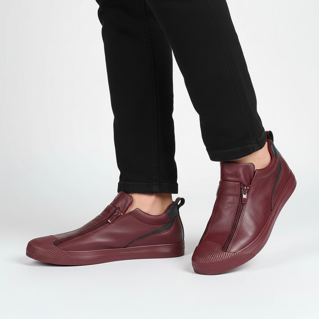 Top-down view of black Russell men's slip-on loafers, highlighting zipper and cushioned footbed