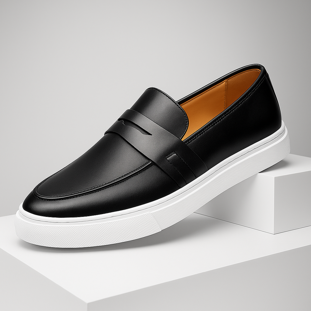Classic black men's slip-on loafers, perfect for versatile casual and dress styles.