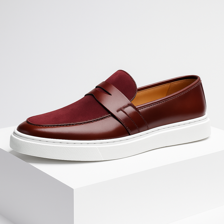 Wine red men's slip-on loafers, combining casual footwear style with comfort.