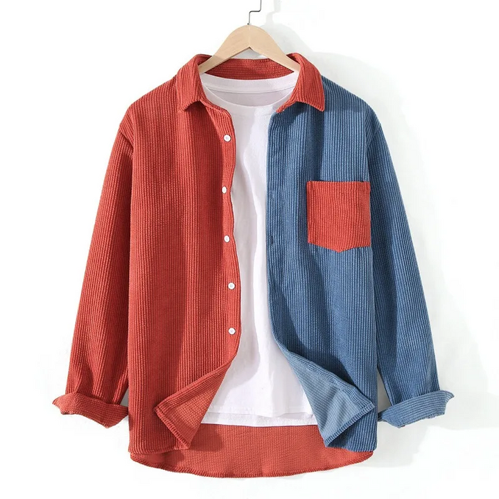 Men's casual splice color block button-up shirt, relaxed fit. Stylish & versatile men's fall fashion, modern style.