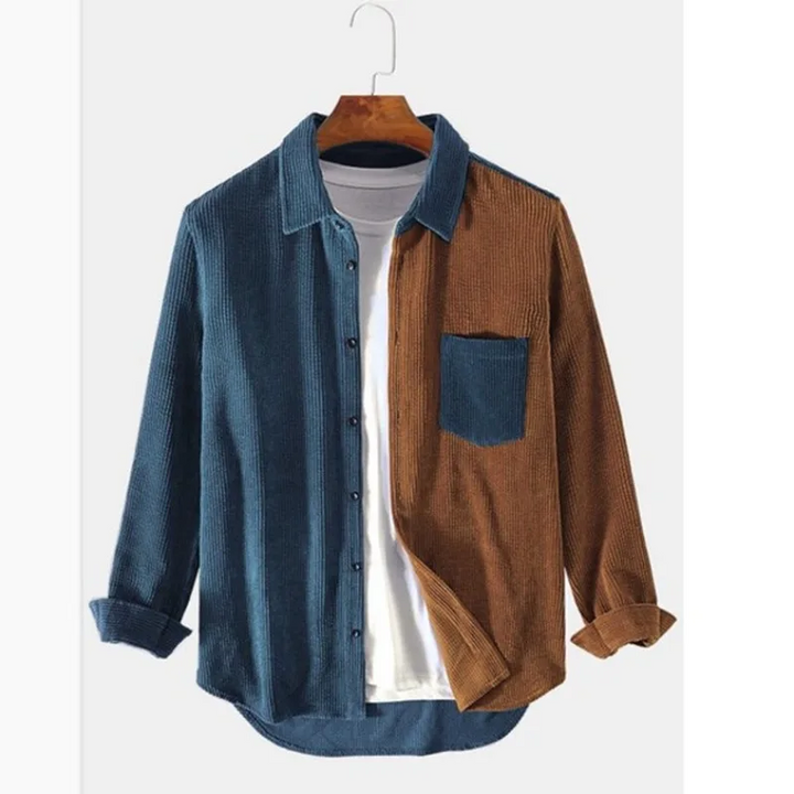 Full front view of a Men's Splice Color Block Button-Up Shirt, featuring a unique modern design & comfortable fit.
