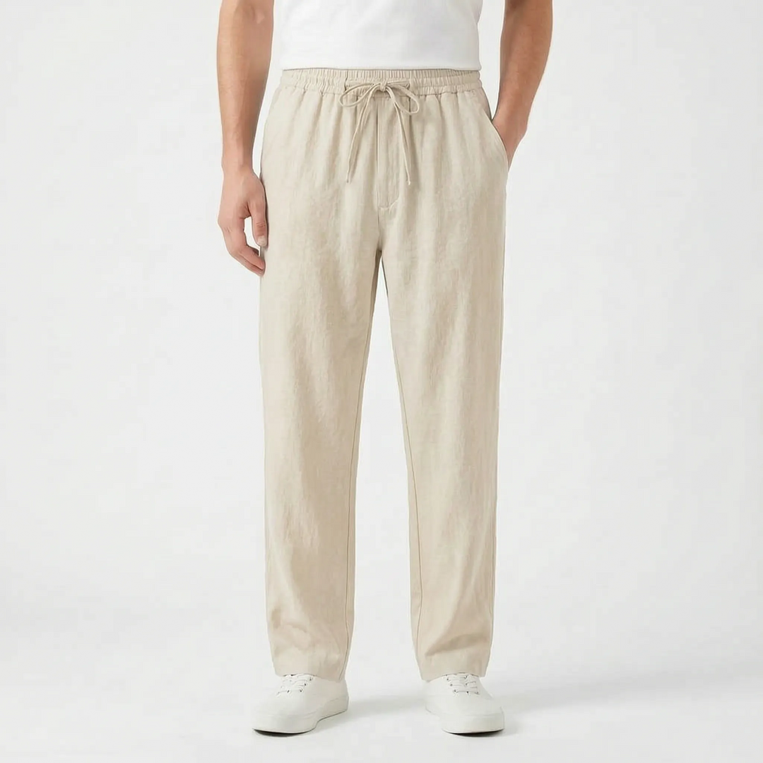 Men's summer casual straight leg pants. Elastic waist for comfortable everyday wear & versatile style.