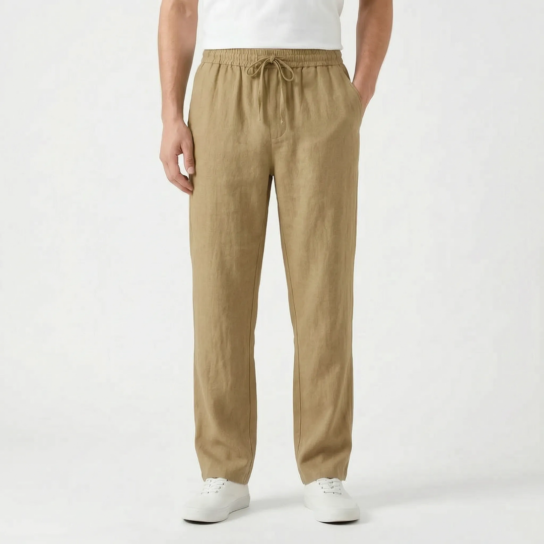 Soft fabric men's casual straight leg pants. Elastic waist for everyday comfort, relaxed fit menswear.
