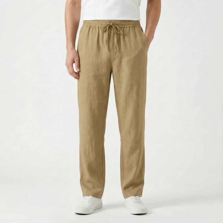 Soft fabric men's casual straight leg pants. Elastic waist for everyday comfort, relaxed fit menswear.