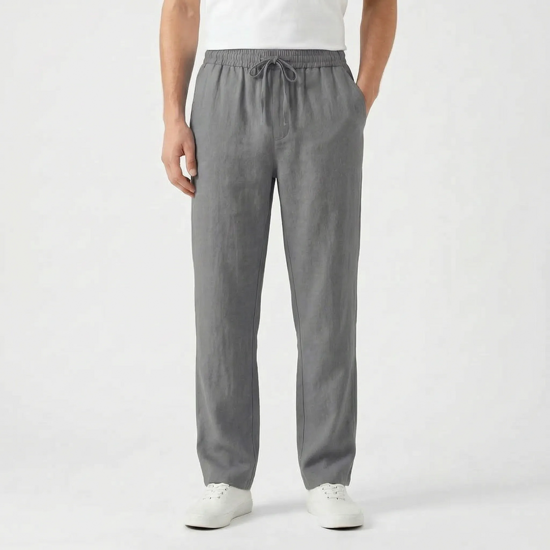 Men's straight leg casual pants, elastic waist detail for comfortable pull-on fit. Versatile everyday wear.