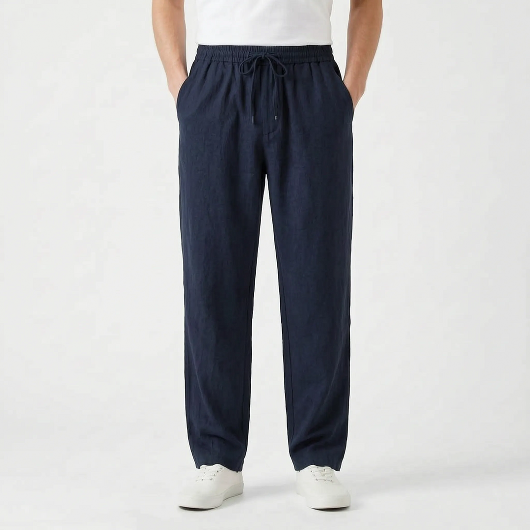 Folded men's straight leg casual pants. Comfortable pull-on design, ideal for everyday & travel.