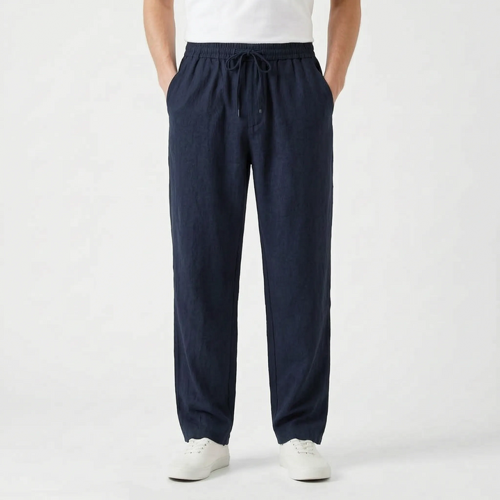 Folded men's straight leg casual pants. Comfortable pull-on design, ideal for everyday & travel.