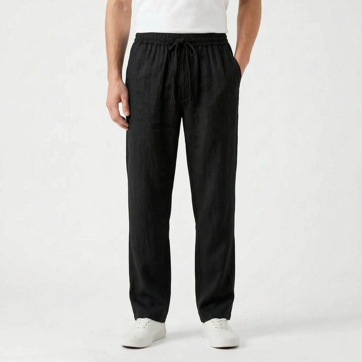 Man in comfortable straight leg casual pants. Elastic waist, relaxed fit for everyday & versatile menswear.