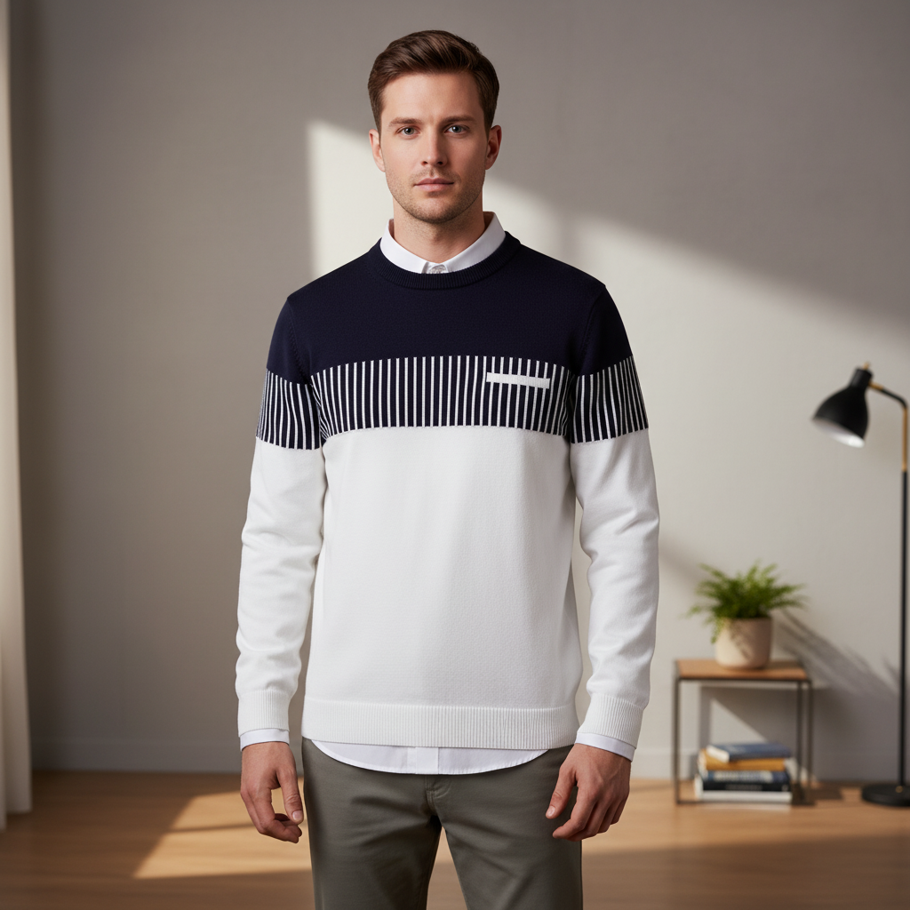 Men's casual striped color block long sleeve sweater, round neck