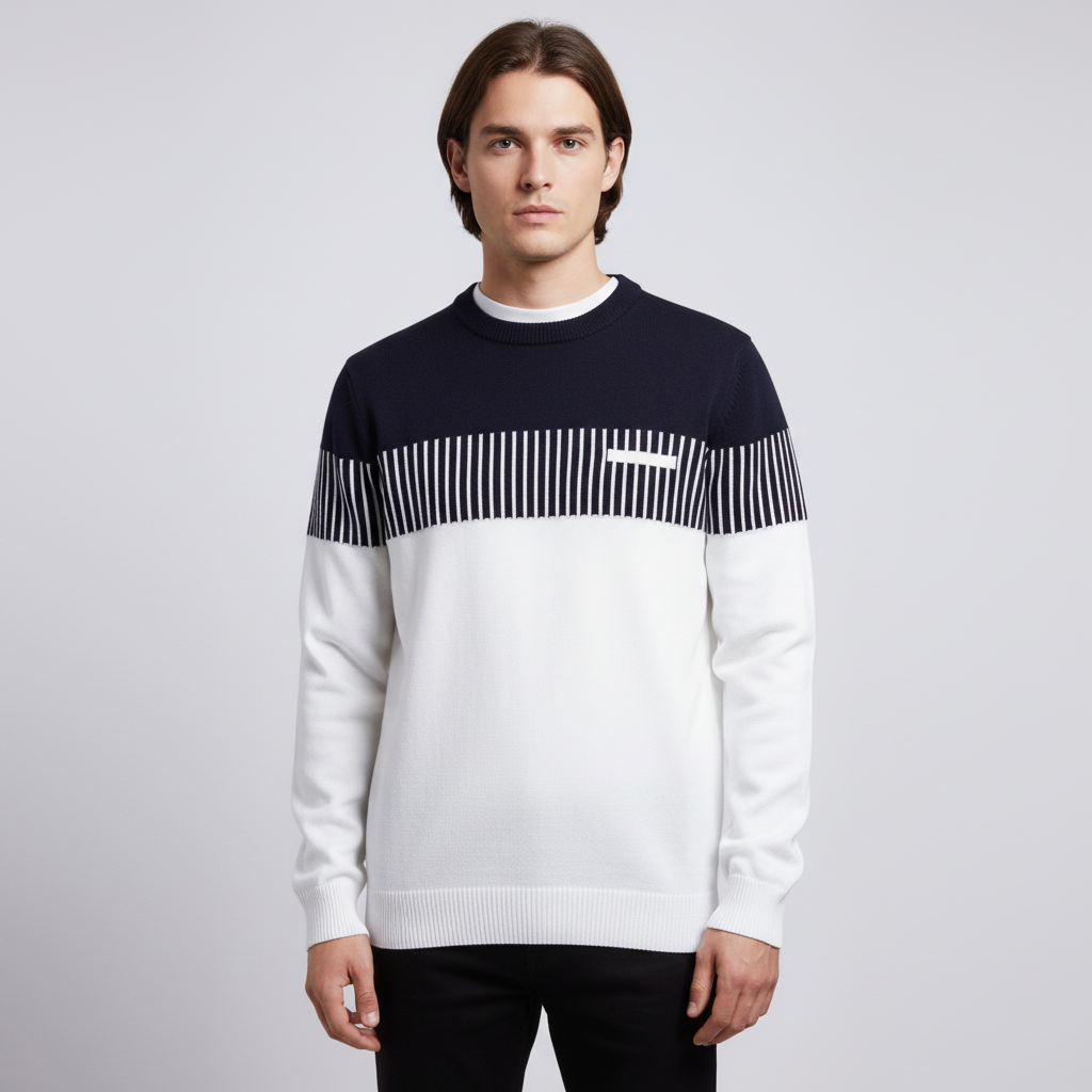 Stylish men's multicolor striped round neck long sleeve sweater