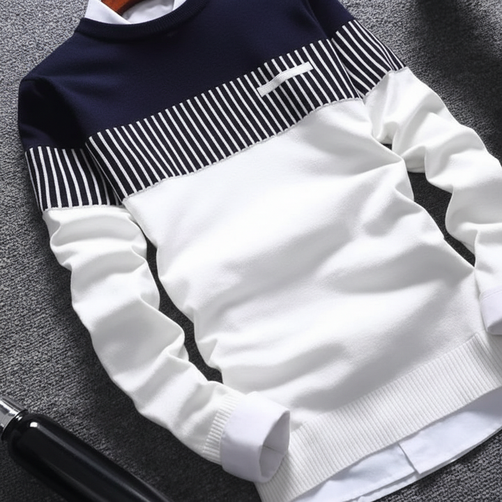 Close-up of men's striped long sleeve color block sweater fabric