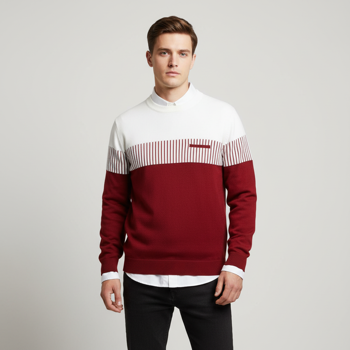 Front view of men's striped color block sweater, perfect for casual wear, cotton blend