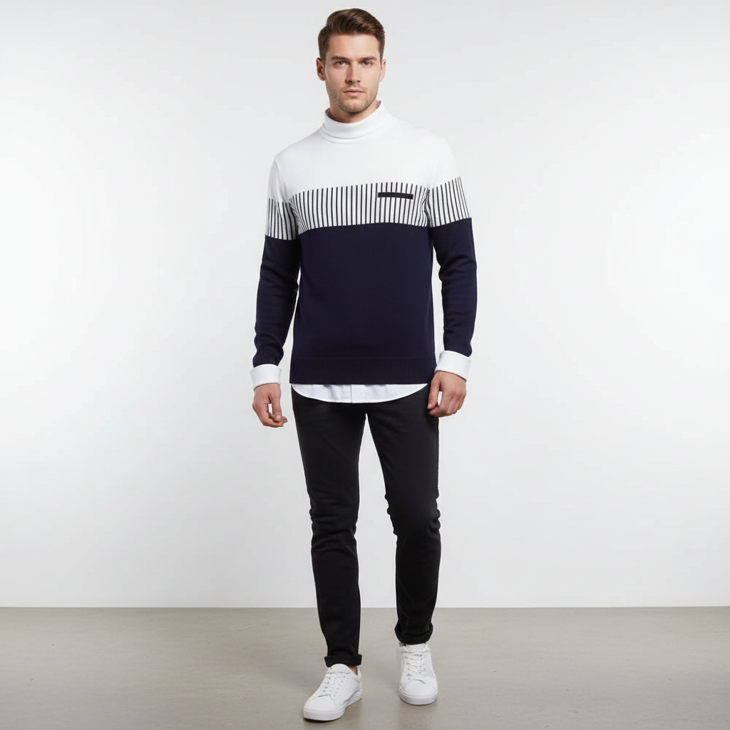 Men's long sleeve sweater: horizontal stripes, color block pattern, round neck