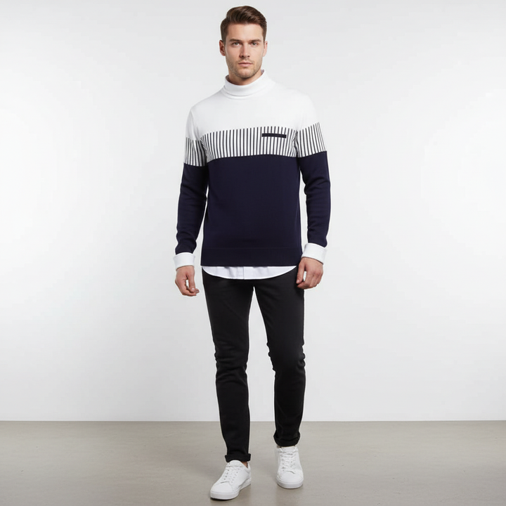 Men's long sleeve sweater: horizontal stripes, color block pattern, round neck