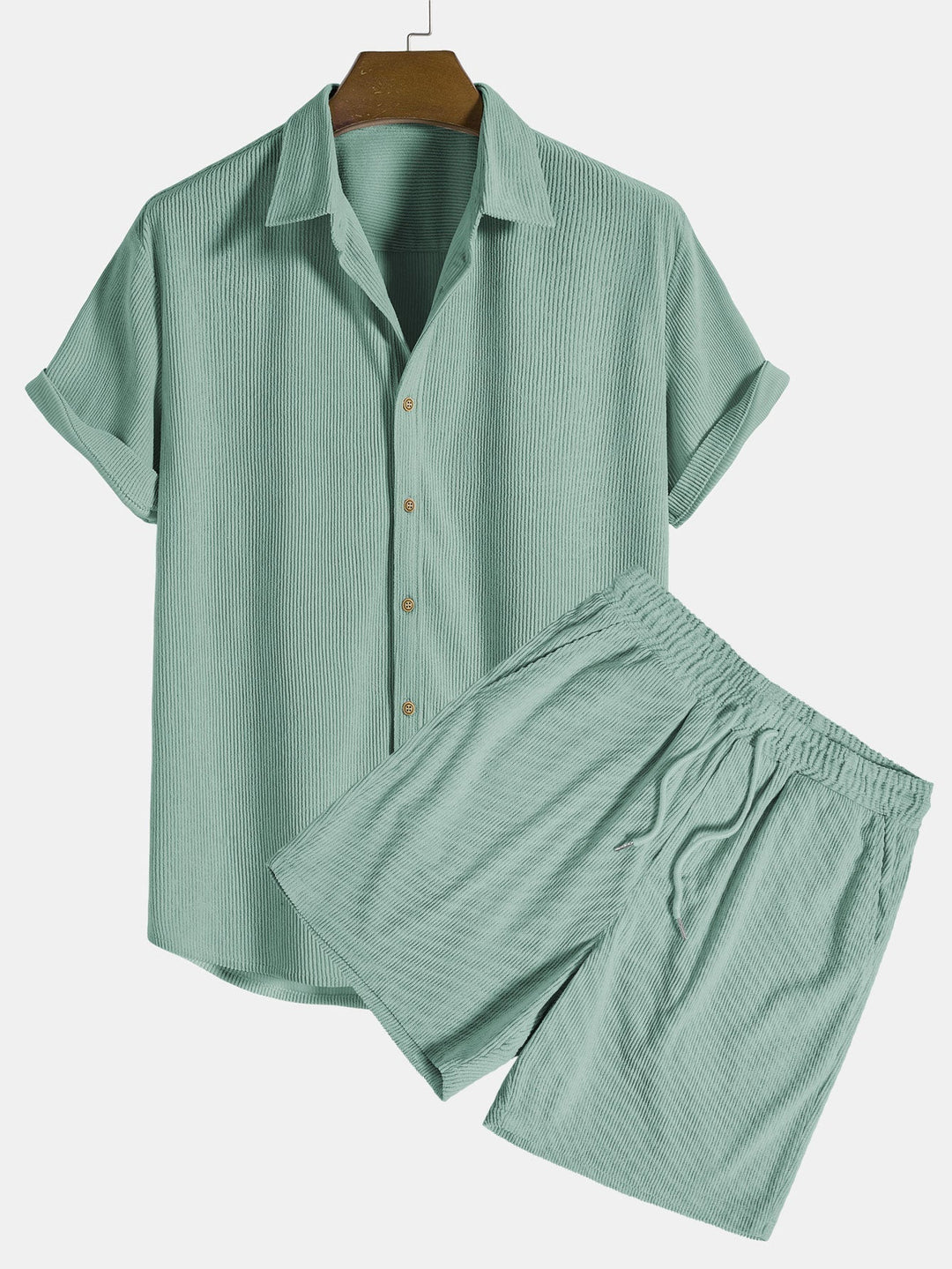 Casual men's polyester shorts with stripes, matching a summer shirt. Great for vacation & beachwear.