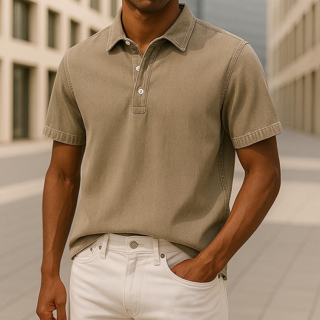 Close-up of men's textured polo shirt fabric & unique collar detail, highlighting modern casual style.