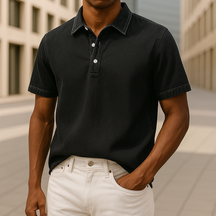 Man wearing a stylish relaxed fit textured polo shirt, ideal for men's everyday casual clothing.