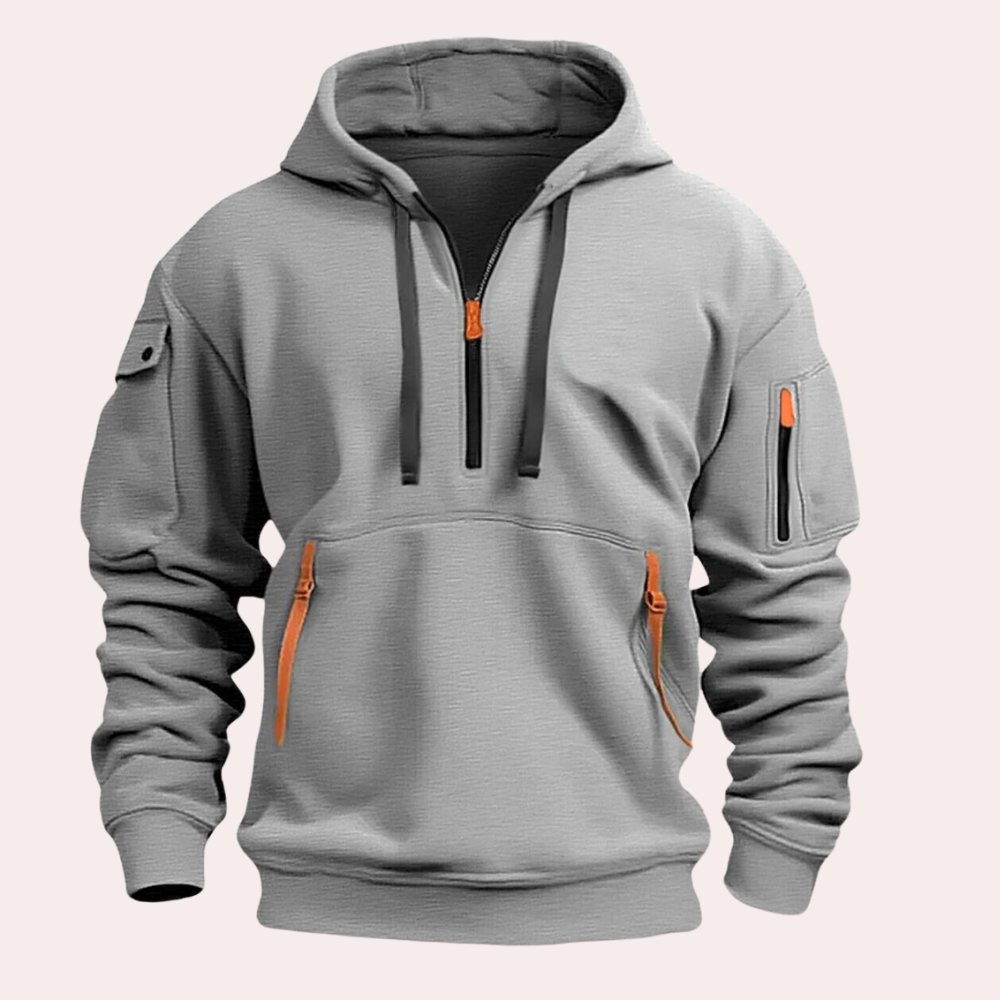 Men's Casual Théo Hoodie in khaki with zipper details, ideal for everyday comfort & style.