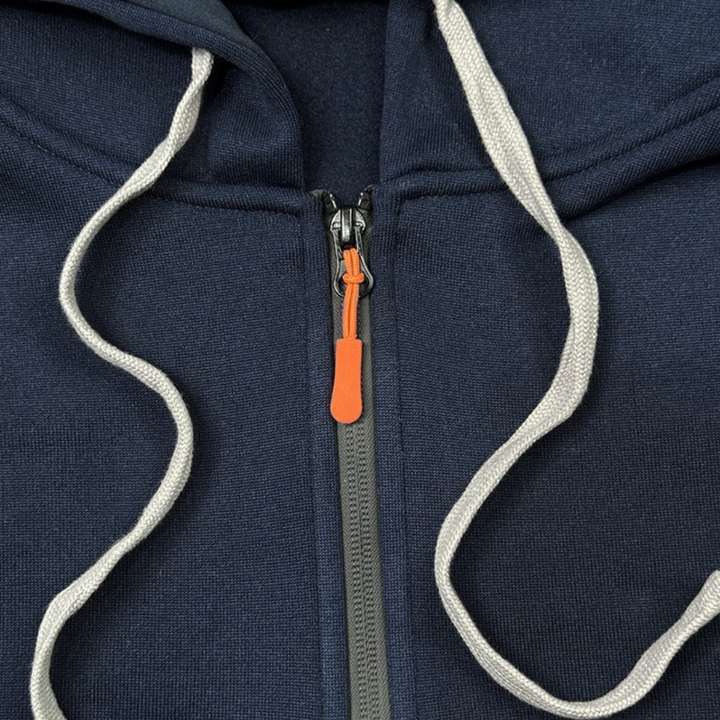 Stylish navy blue Théo zipper hoodie for men, perfect for casual wear & versatile fashion.