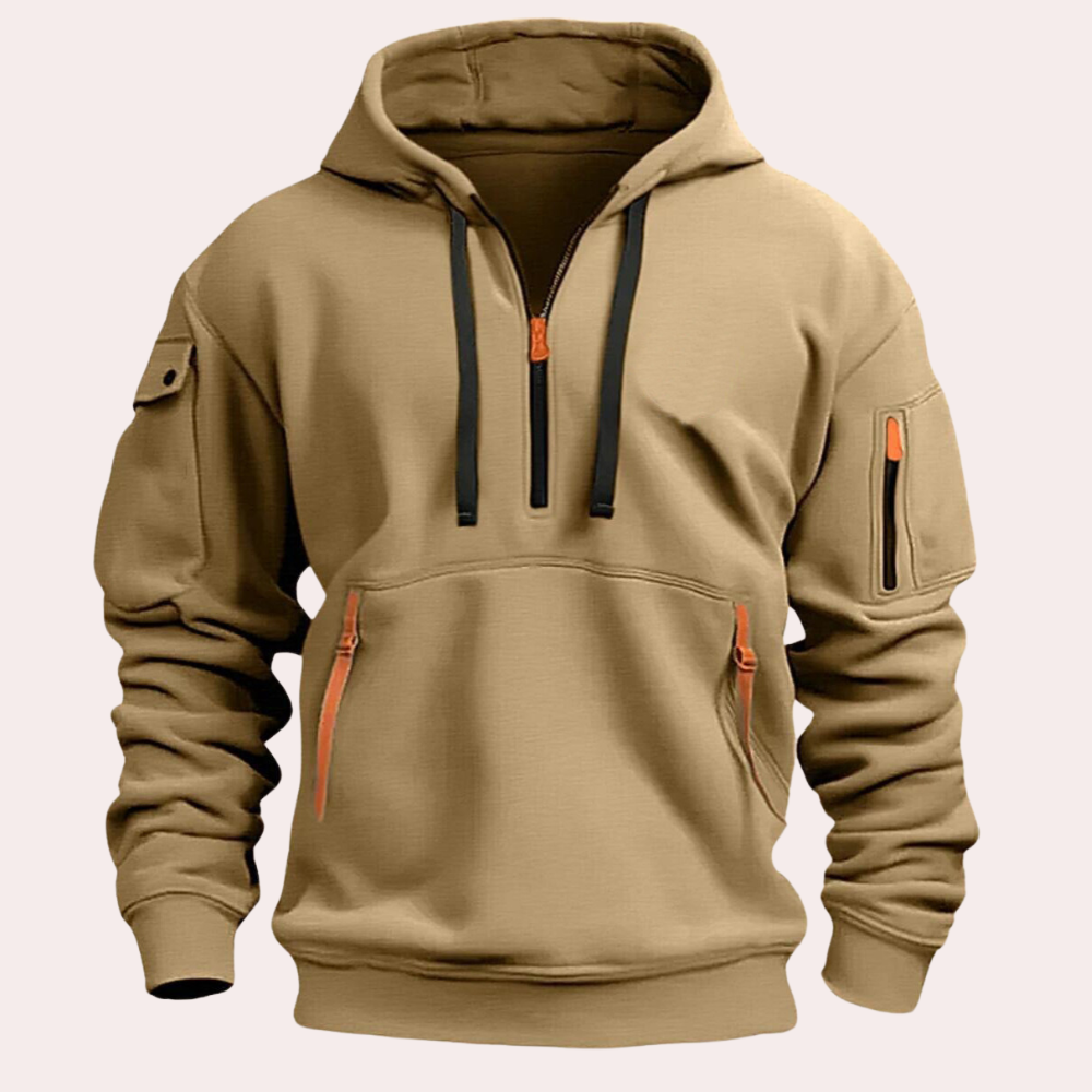 Khaki men's Théo hoodie with modern zipper details, great for casual outings & everyday comfort.