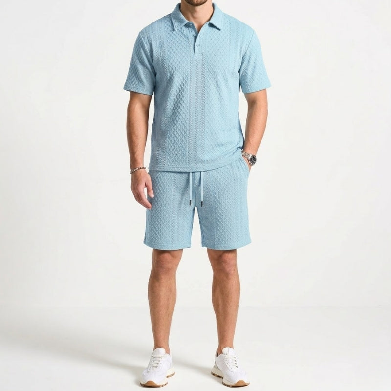 Men's casual two-piece polo and shorts set. Effortless summer style, comfortable & coordinated.