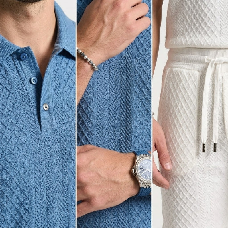 Comfortable textured men's two-piece polo & shorts set. Perfect for summer casual wear.