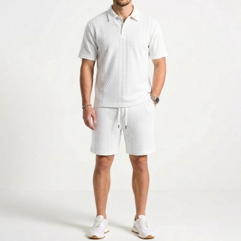Man in a stylish, comfortable two-piece polo and shorts set, enjoying a casual summer day.
