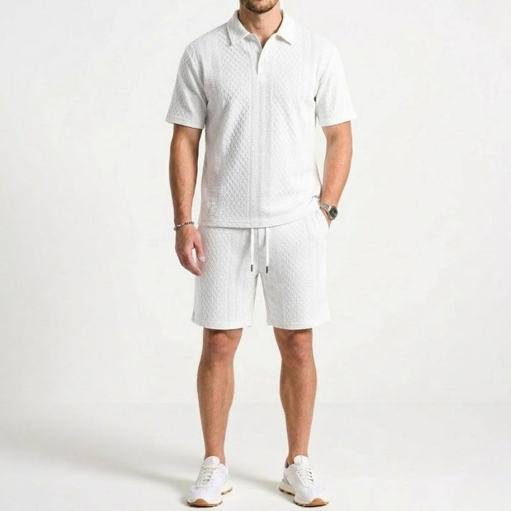 Man in a stylish, comfortable two-piece polo and shorts set, enjoying a casual summer day.