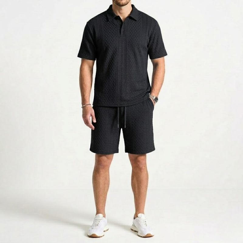 Men's casual textured two-piece set featuring a polo shirt & shorts. Great for summer effortless style.