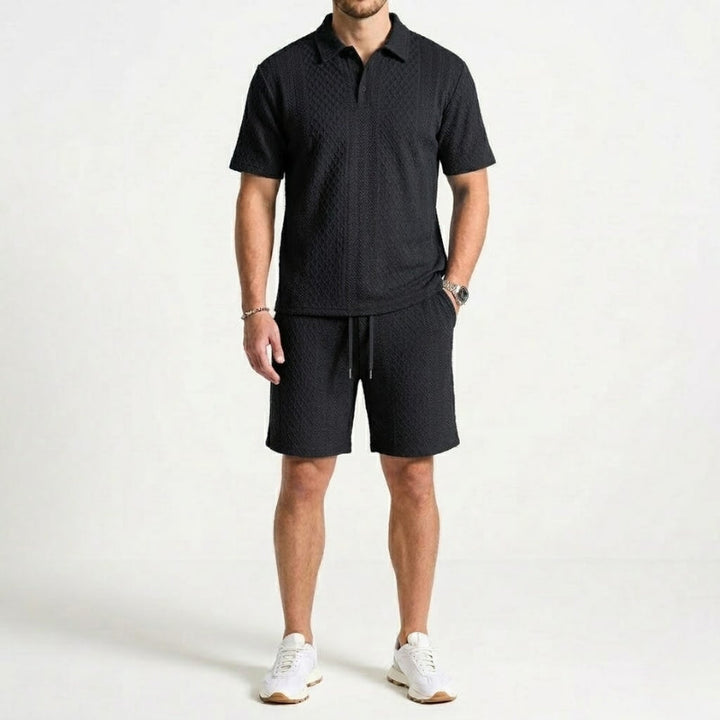 Men's casual textured two-piece set featuring a polo shirt & shorts. Great for summer effortless style.