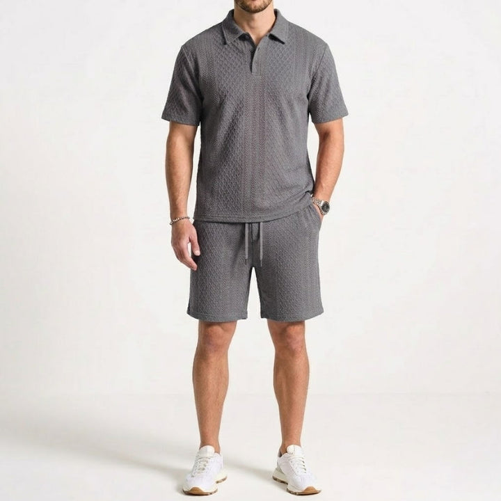 Versatile men's two-piece textured set. Polo shirt & shorts for a coordinated, casual summer look.