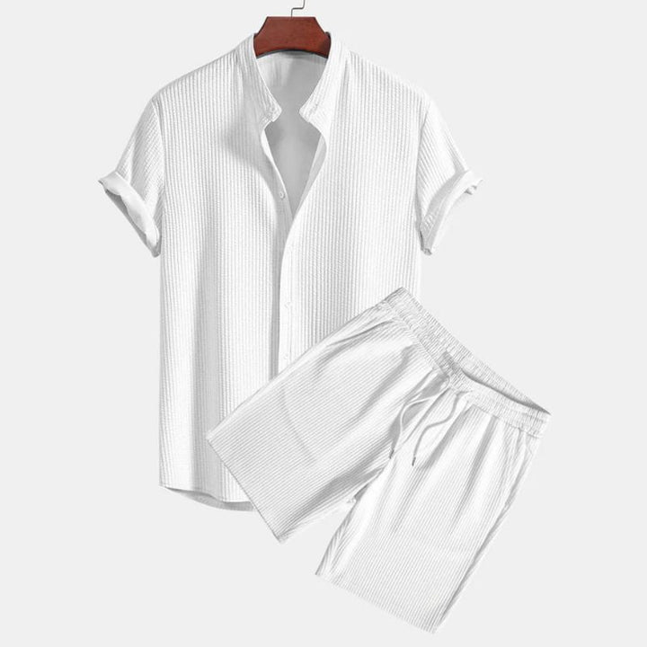 Relaxed fit men's casual two-piece polo set, breathable ribbed knit, ideal for summer fashion.