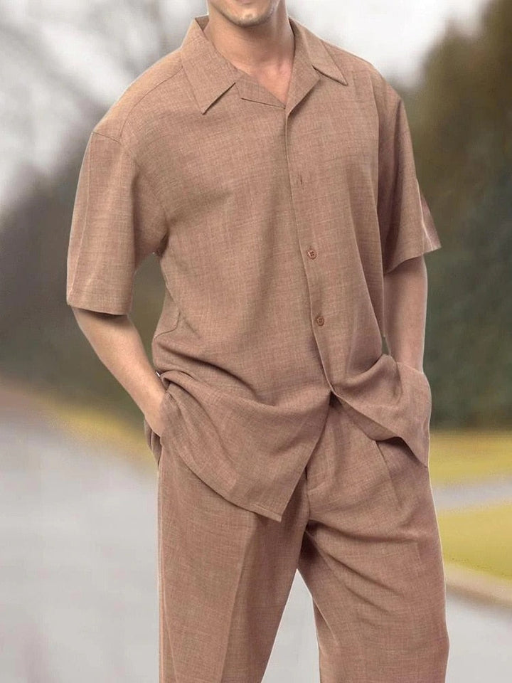 Men's blue casual two-piece set for summer, combining a short sleeve top and comfortable shorts.