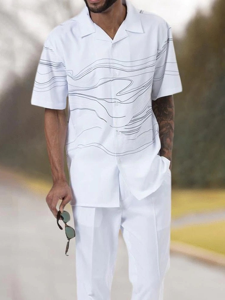 Stylish men's polyester short sleeve top and shorts set for comfortable summer wear.