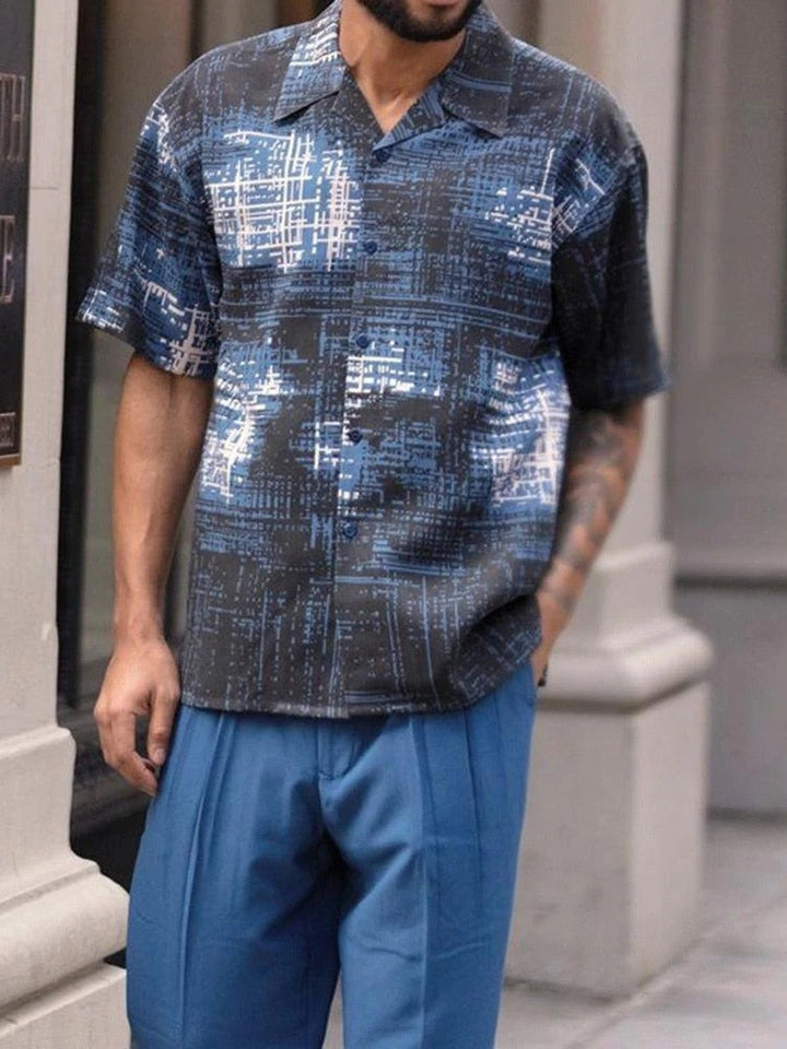 Blue men's two-piece casual loungewear set, ideal for summer vacations and relaxation.
