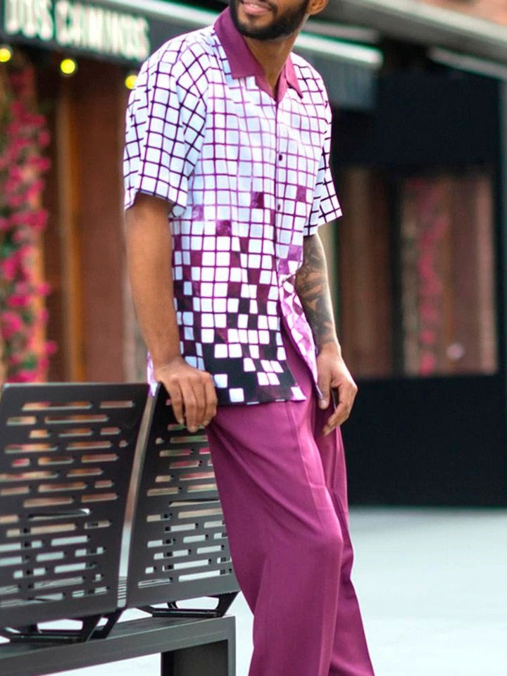 Fashionable men's summer outfit set with short-sleeve top and matching shorts in blue.