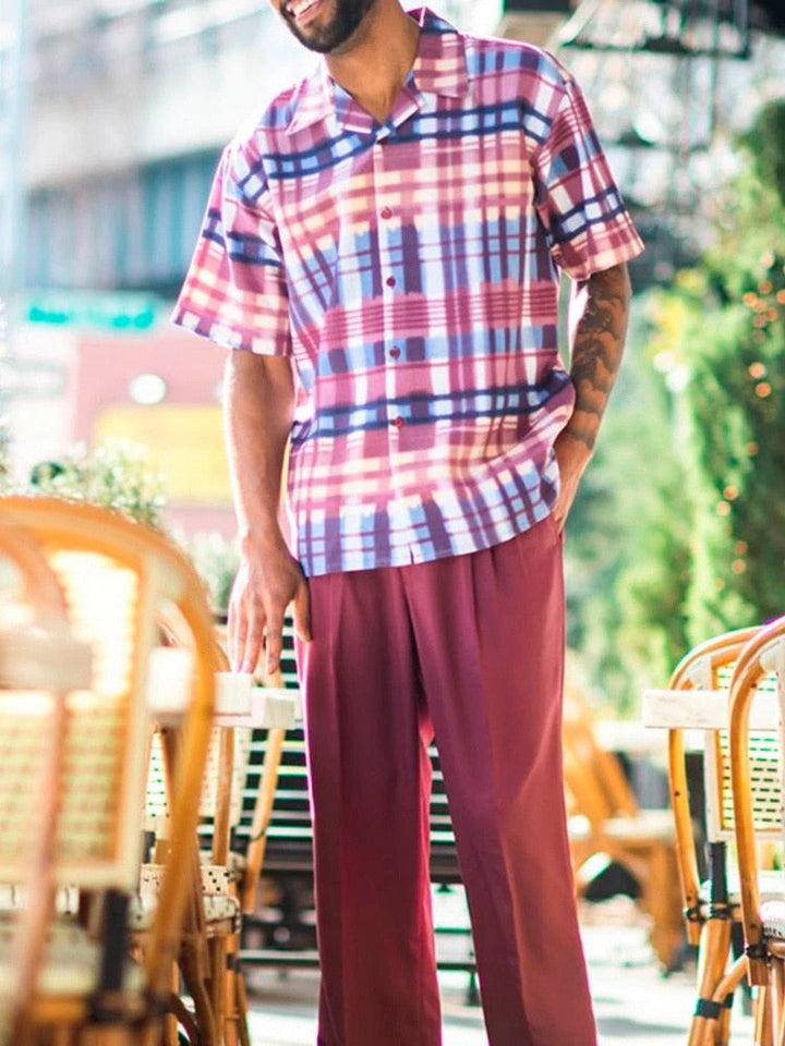 Men's vacation-ready blue two-piece set, featuring a stylish short-sleeve top and shorts.