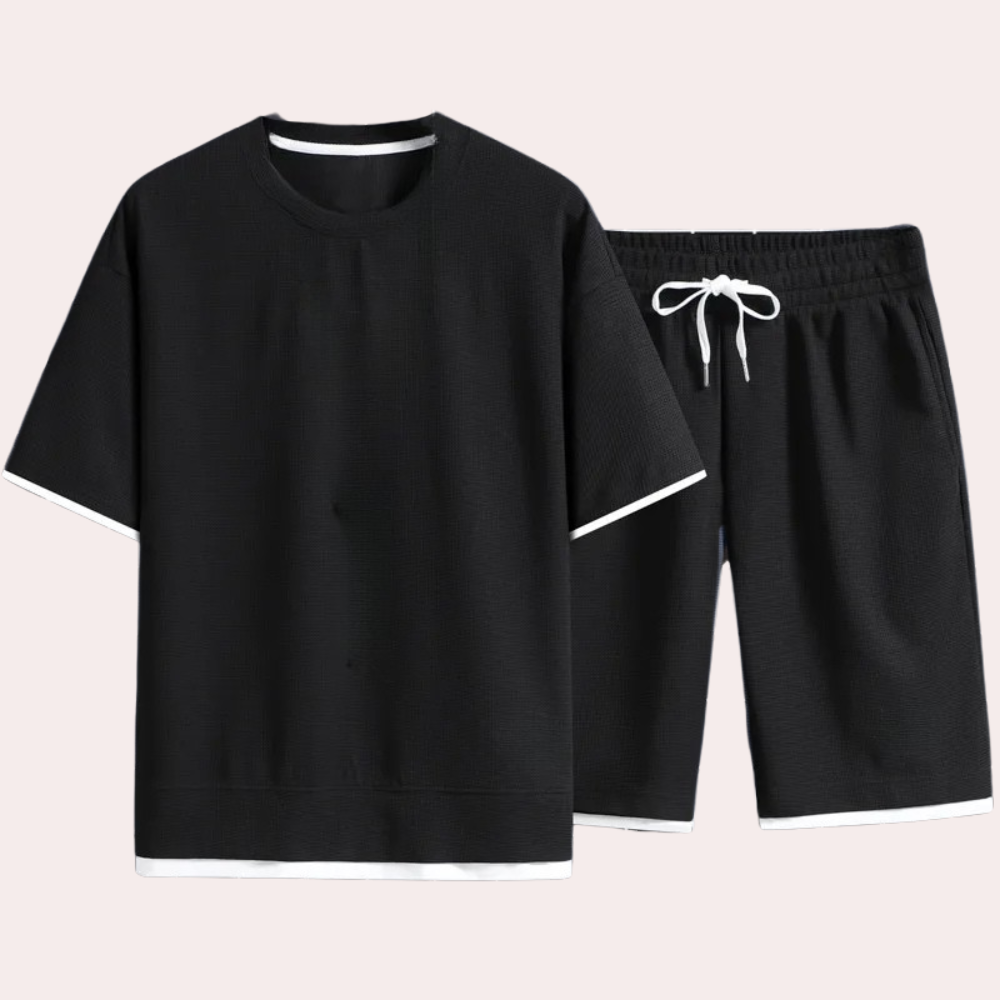 Men's casual two-piece summer outfit set with shirt & shorts, perfect for warm weather fashion.