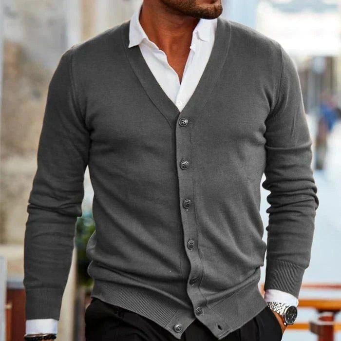 Comfortable Elias men's V-neck button cardigan, a classic choice for stylish casual wear and everyday outfits.