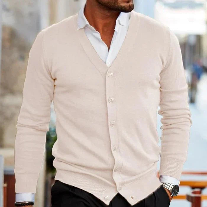 Classic men's V-neck button-front cardigan for easy layering, enhancing any casual men's everyday outfit.