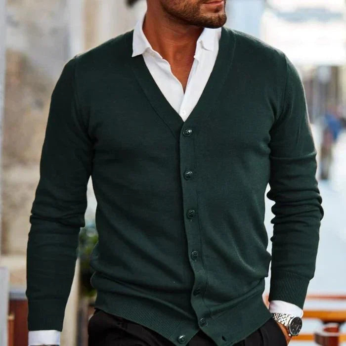 Men's classic V-neck cardigan featuring front buttons, a stylish and versatile staple for modern men's fashion.