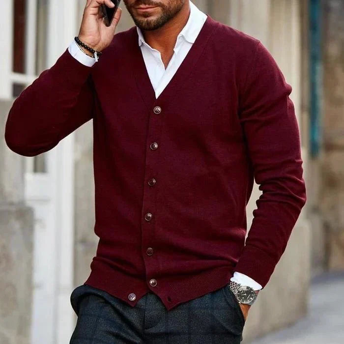 Men's classic V-neck button cardigan, an essential and stylish piece for comfortable everyday men's fashion.