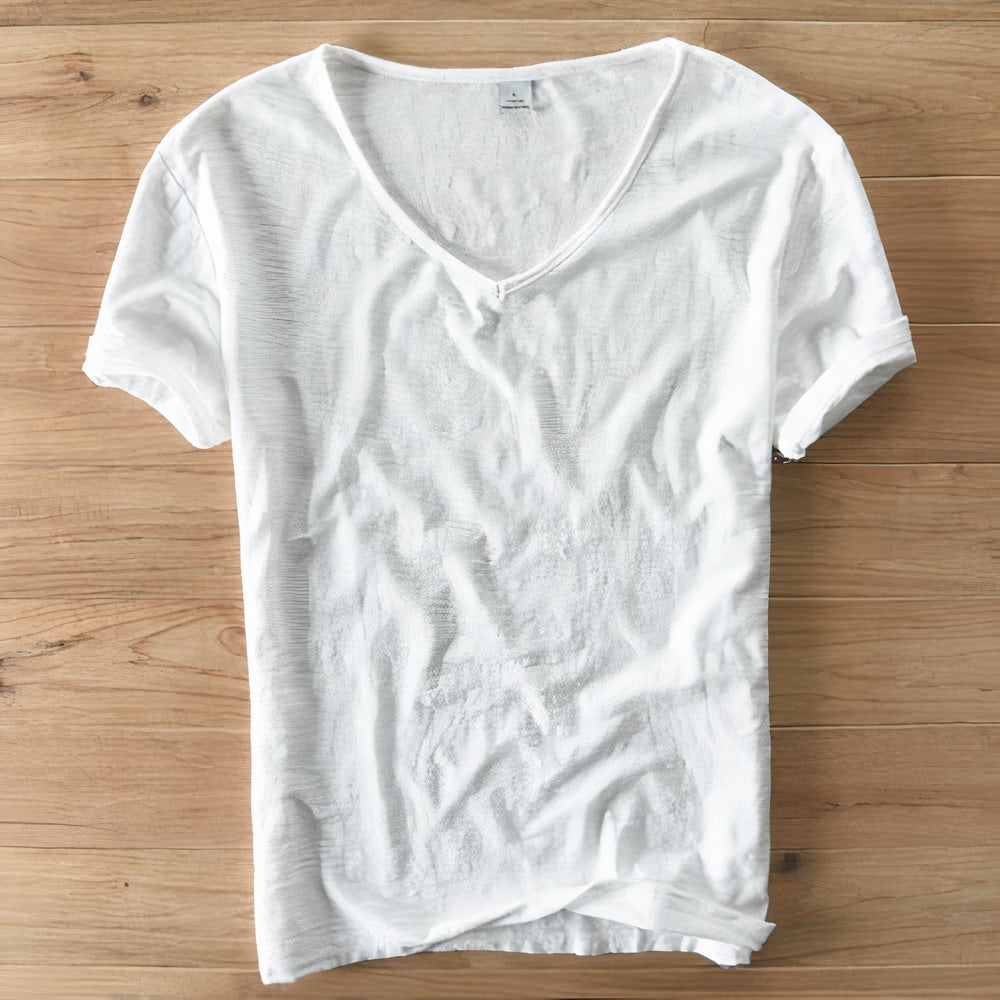 Men's casual V-neck t-shirt in light blue, perfect for summer wear and relaxed fit.
